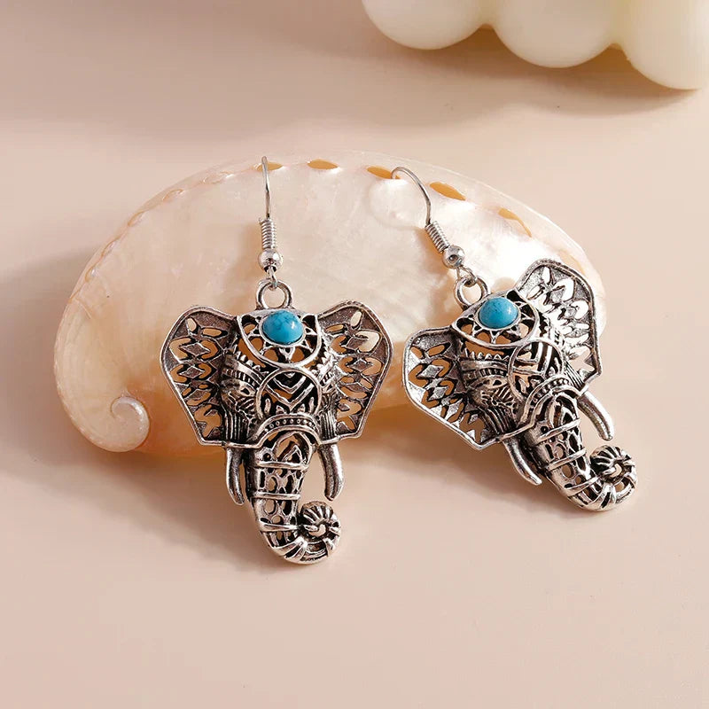 Vintage Silver Boho Elephant Tomettes Earrings