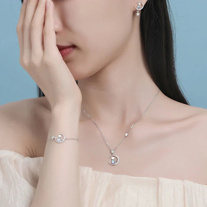 Sterling Silver Cat Moon Necklace