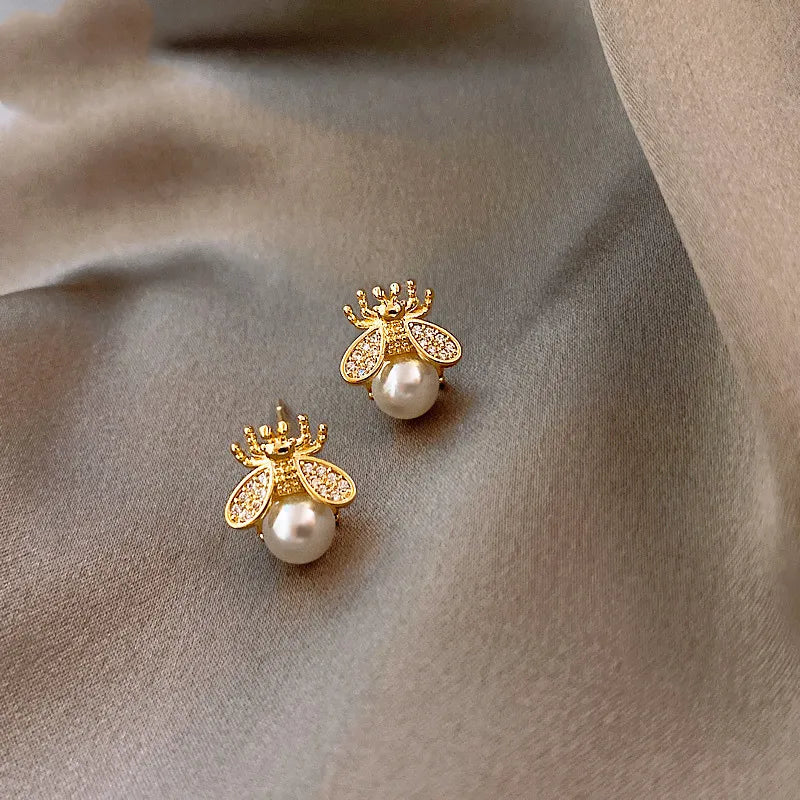 Fine Pearl Bee Earrings – Elegant Gold Tone Jewelry for Women
