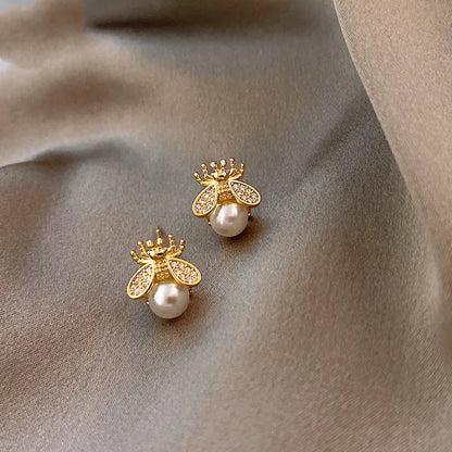 Fine Pearl Bee Earrings – Elegant Gold Tone Jewelry for Women