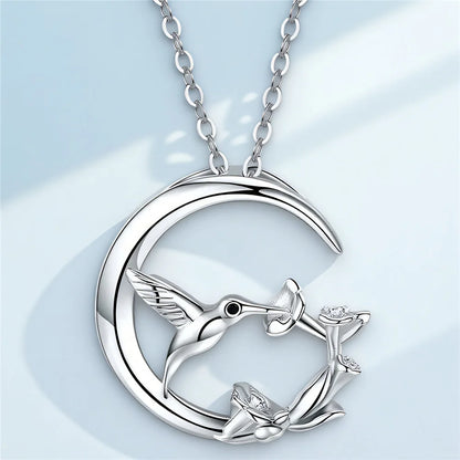 Vintage Silver Moon Bird Pendant Necklace