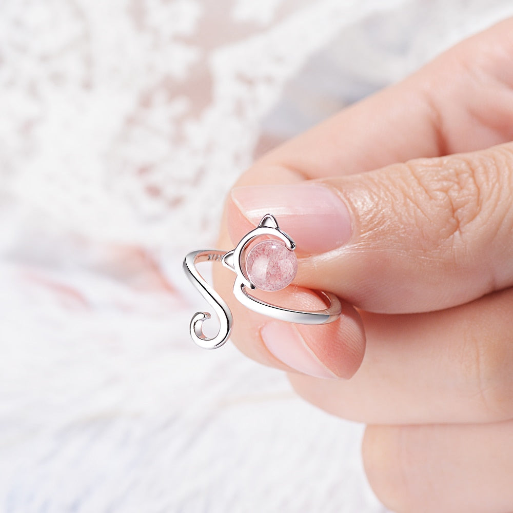 Pink Kitty 925 silver and agate ring