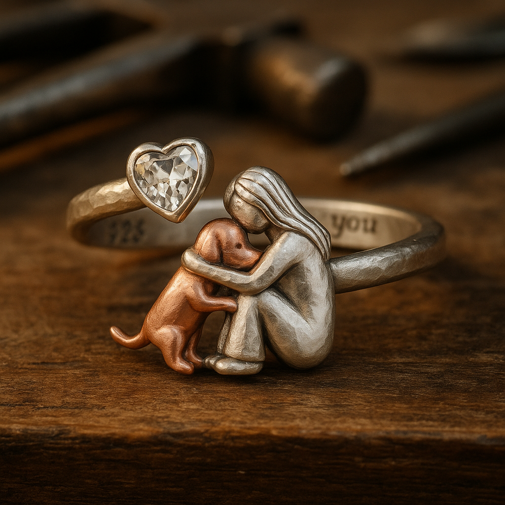Handmade 925 Sterling Silver Dog Ring with Heart-Shaped Zirconia – Adjustable