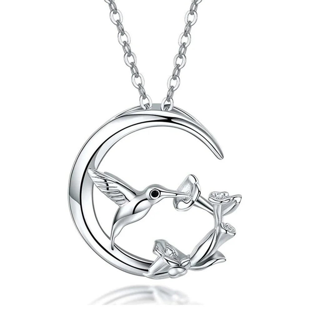 Vintage Silver Moon Bird Pendant Necklace