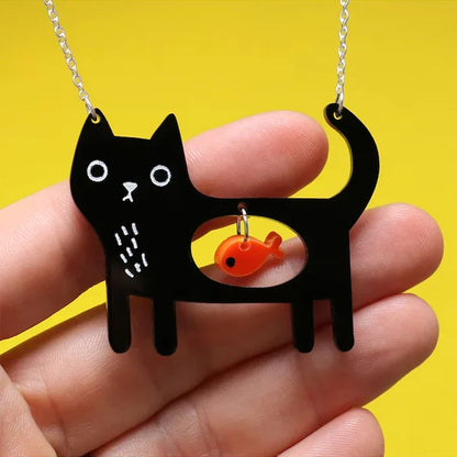 Whimsical Cat and Fish Acrylic Pendant Necklace