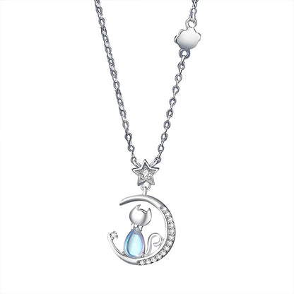 Sterling Silver Cat Moon Necklace