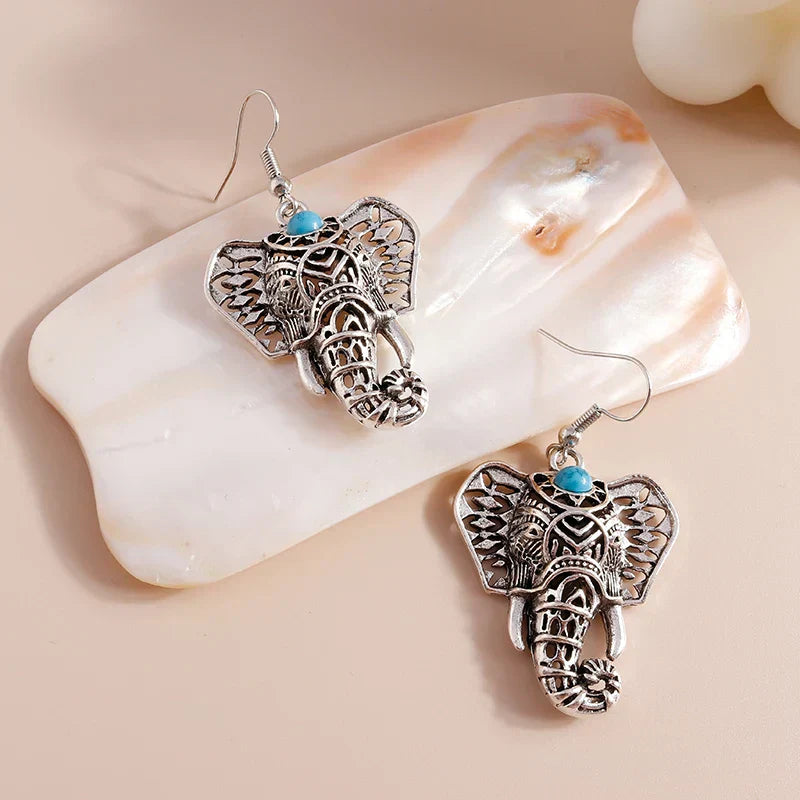 Vintage Silver Boho Elephant Tomettes Earrings