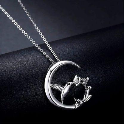 Vintage Silver Moon Bird Pendant Necklace