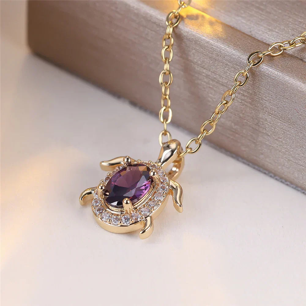 Violet Crystal Turtle Pendant Necklace