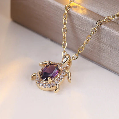 Violet Crystal Turtle Pendant Necklace