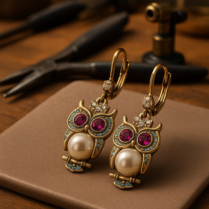Vintage Crystal Owl Earrings – Gold Plated, Hand-Set Crystals and Pearl Detail