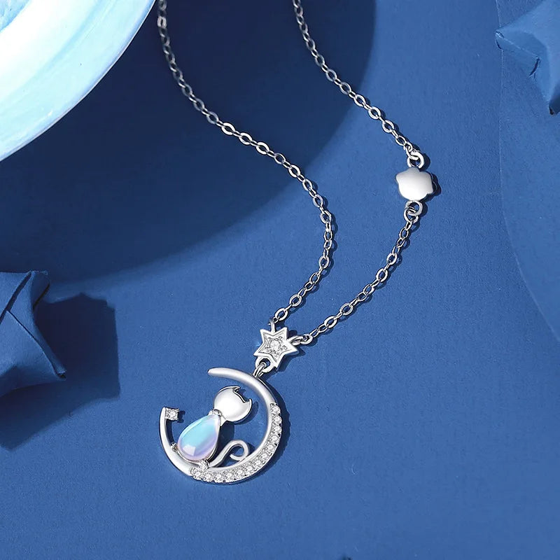 Sterling Silver Cat Moon Necklace
