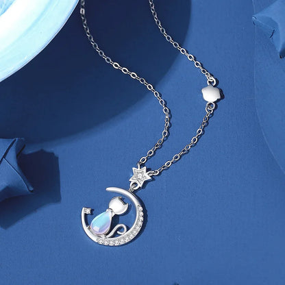 Sterling Silver Cat Moon Necklace