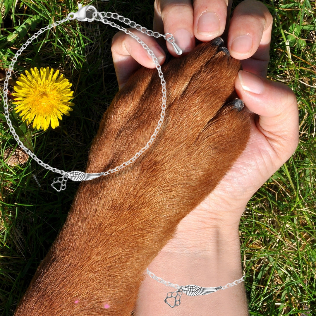 Memorial Sterling Silver Bracelet with Angel Wing and Paw Print | Handmade