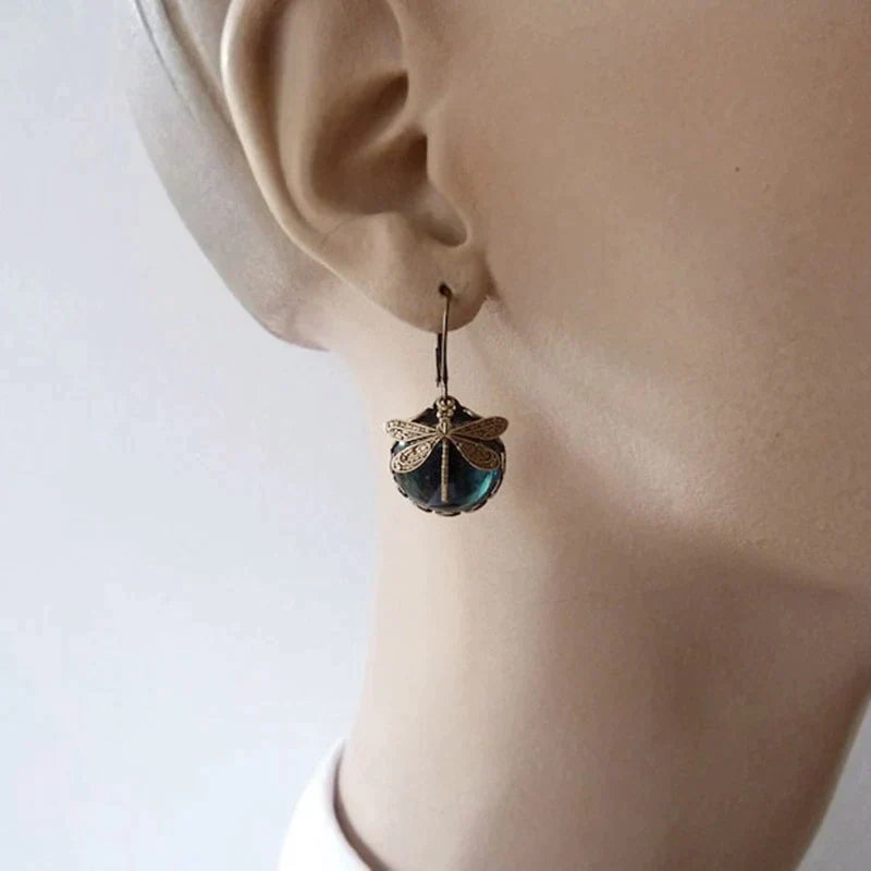 Antique gold dragonfly earrings with crystals