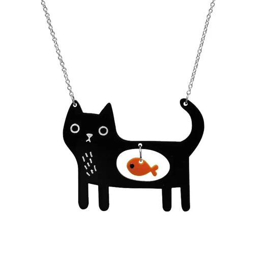 Whimsical Cat and Fish Acrylic Pendant Necklace