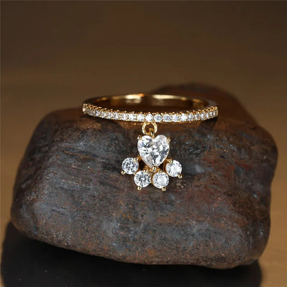 Vintage Cat Paw and Heart Stone Ring – Gold and Silver Tones