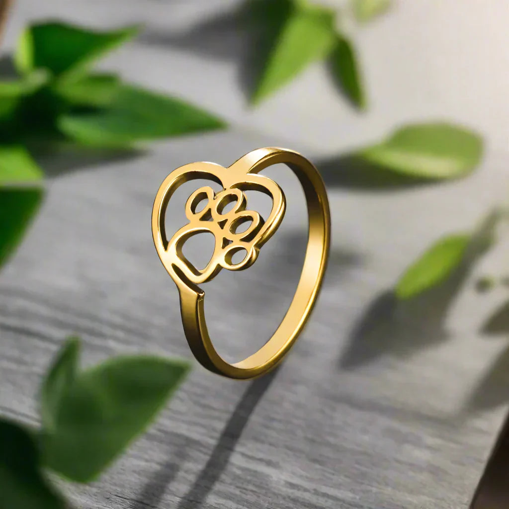 Gold Tone Paw and Heart Ring – Stainless Steel Jewelry for Animal Lovers