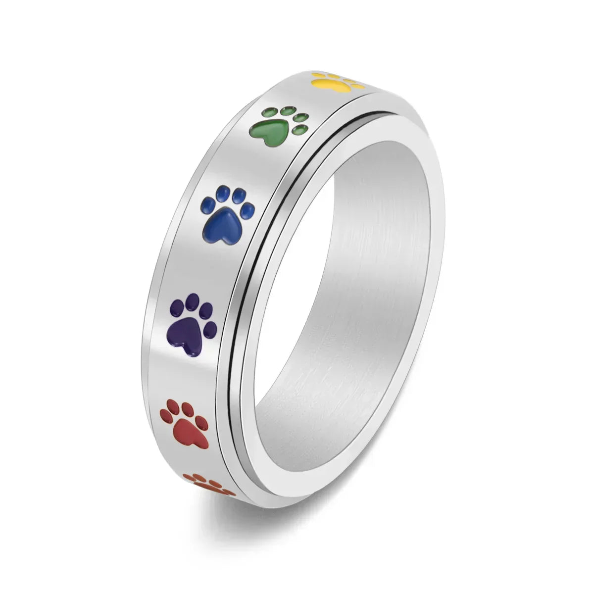 Anti-Stress Spinner Paw Ring – Stainless Steel with Rainbow Paws