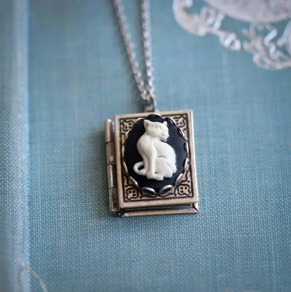 Vintage Cat Book Pendant Necklace – Turning Page Design