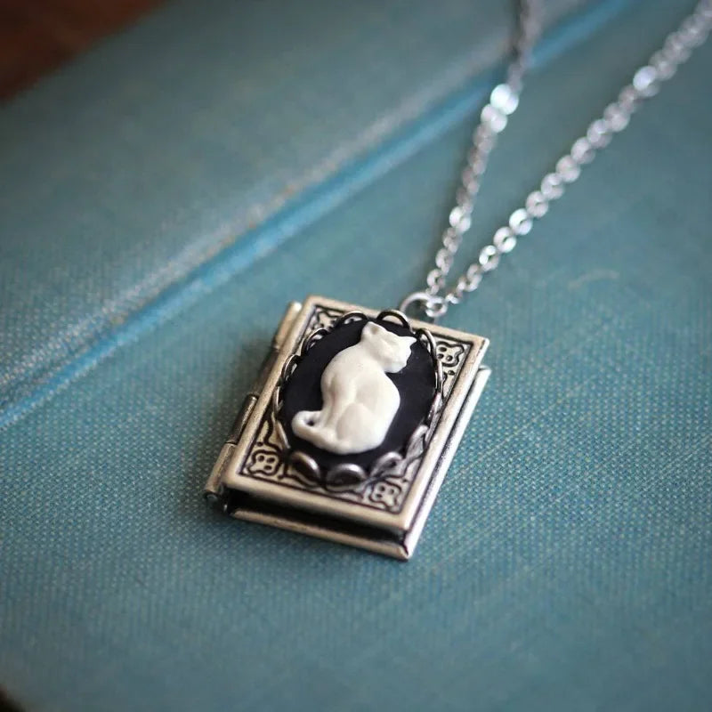 Vintage Cat Book Pendant Necklace – Turning Page Design
