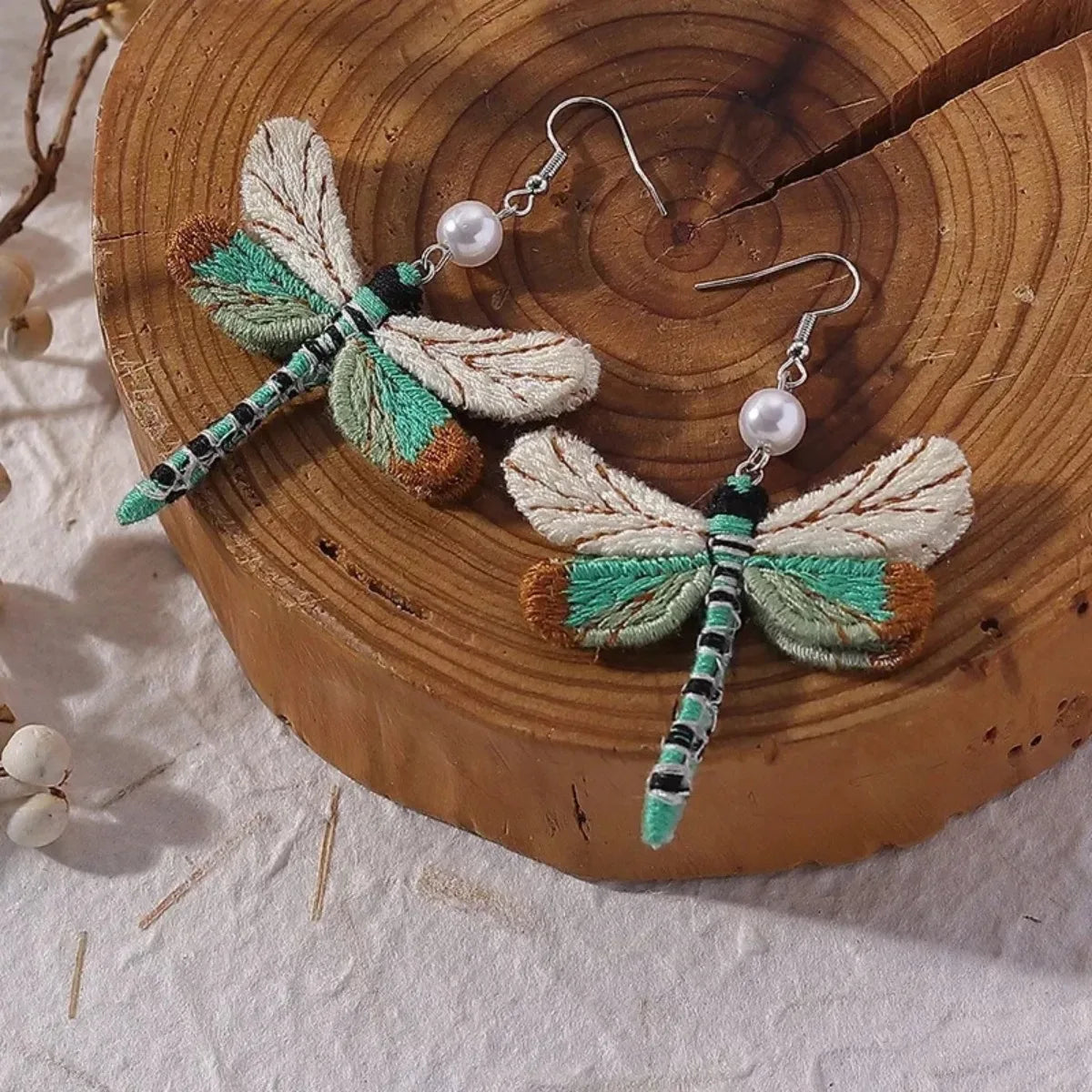 Embroidered Boho Dragonfly Earrings