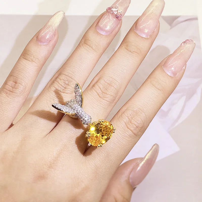 Hummingbird Gemstone Adjustable Ring – Zircon, 14K Gold Plated
