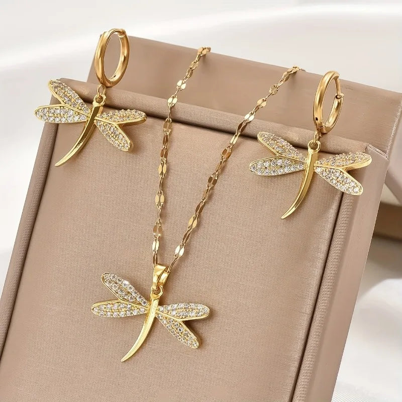 Golden Dragonfly Jewelry Necklace with Free Earrings