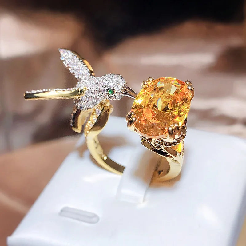 Hummingbird Gemstone Adjustable Ring – Zircon, 14K Gold Plated