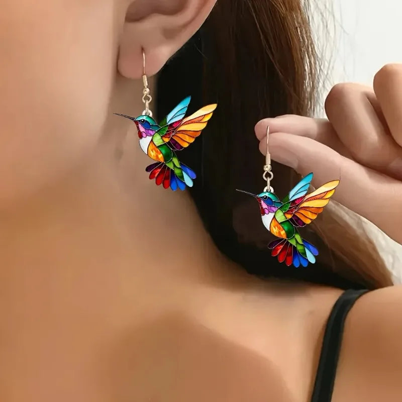 Acrylic Hummingbird Drop Earrings – 2D Brilliant Bird Design