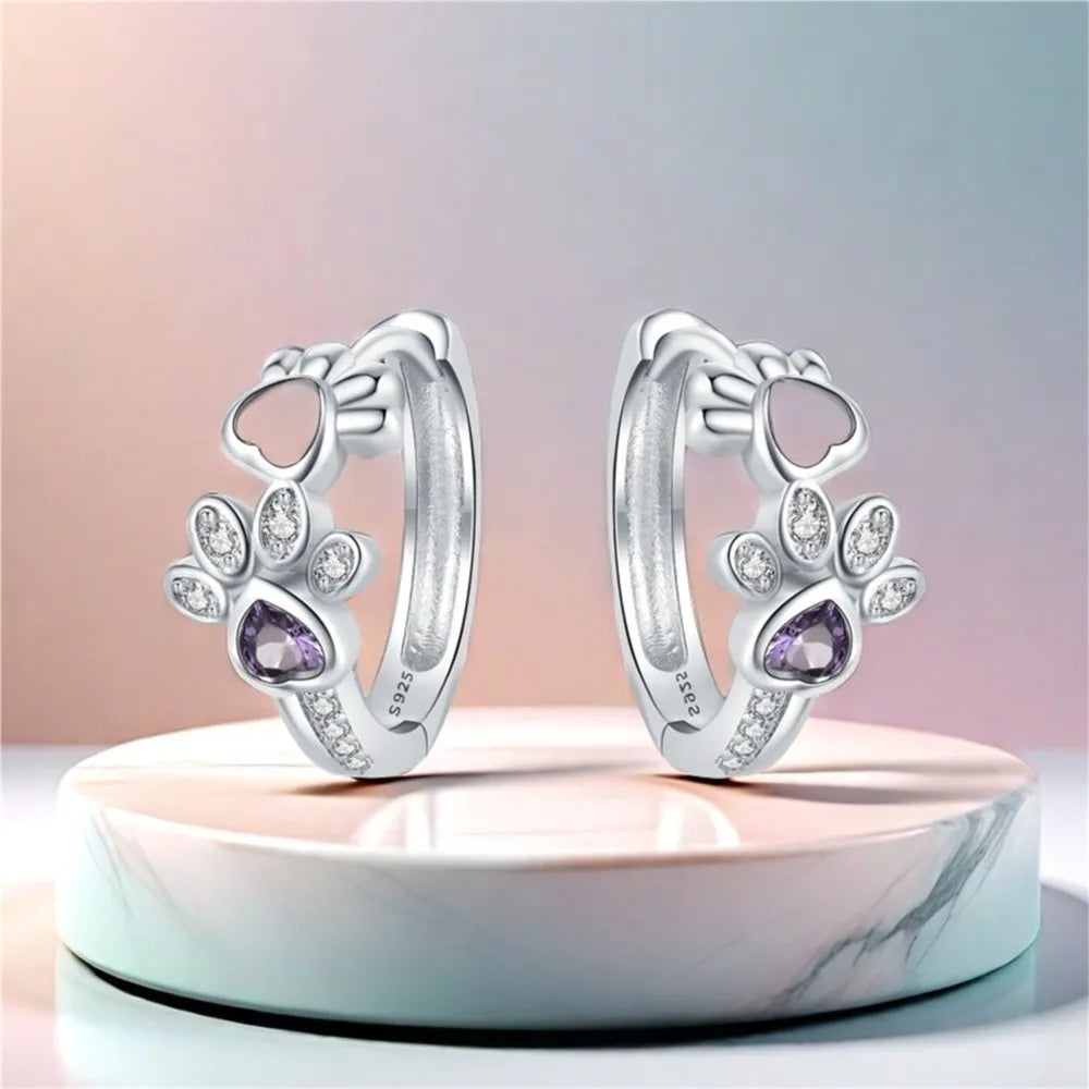 Sterling Silver 925 Paw Huggie Earrings – With Zirconia and Stone Heart