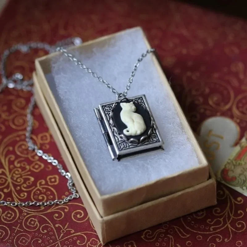 Vintage Cat Book Pendant Necklace – Turning Page Design