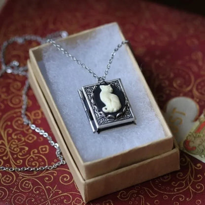 Vintage Cat Book Pendant Necklace – Turning Page Design