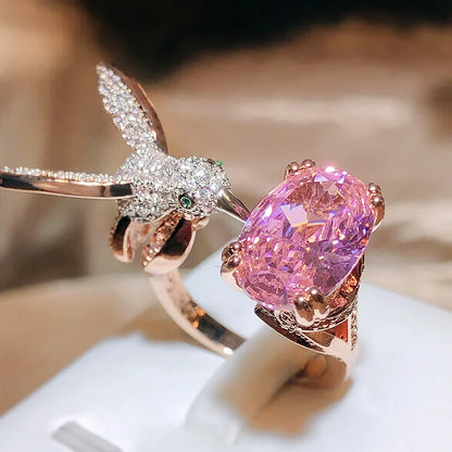 Hummingbird Gemstone Adjustable Ring – Zircon, 14K Gold Plated