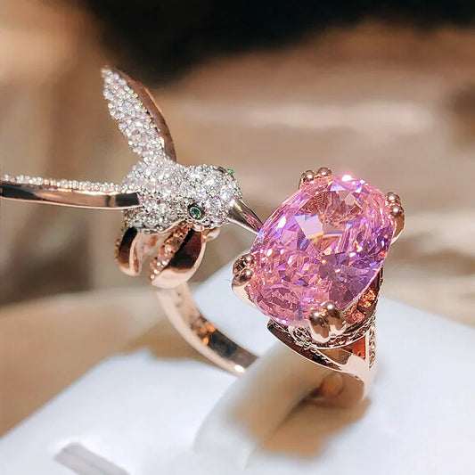 Hummingbird Gemstone Adjustable Ring – Zircon, 14K Gold Plated