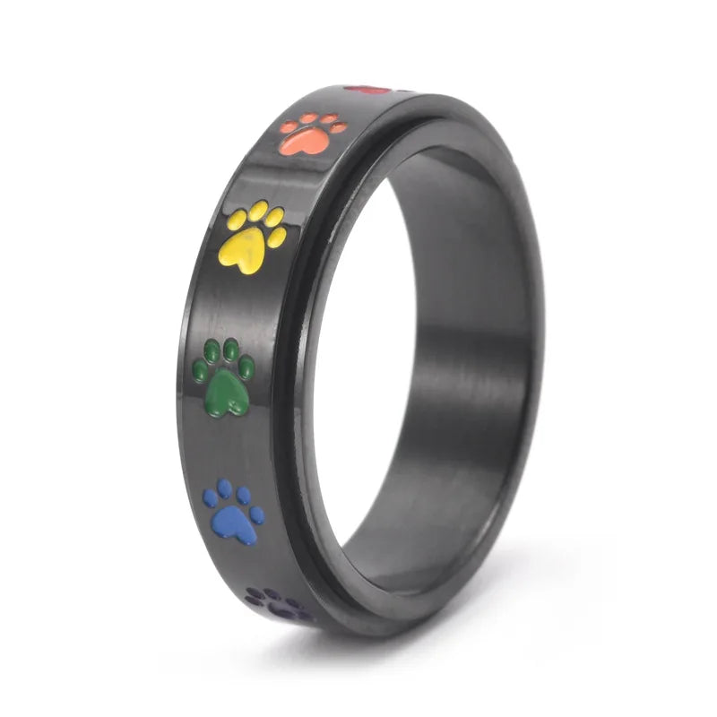 Anti-Stress Spinner Paw Ring – Stainless Steel with Rainbow Paws
