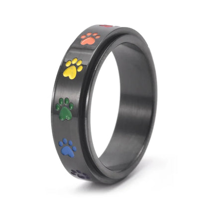 Anti-Stress Spinner Paw Ring – Stainless Steel with Rainbow Paws