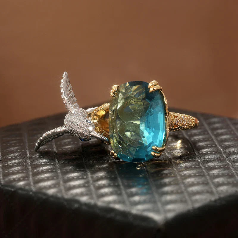 Adjustable Aquamarine-Colored Hummingbird Ring – 14K Gold Plated