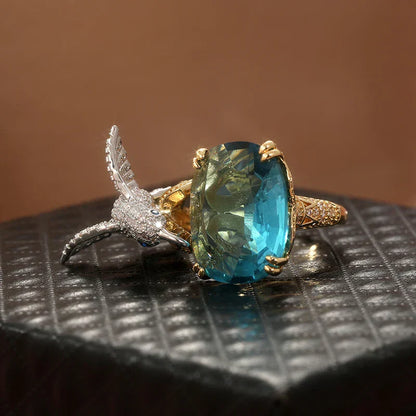 Adjustable Aquamarine-Colored Hummingbird Ring – 14K Gold Plated