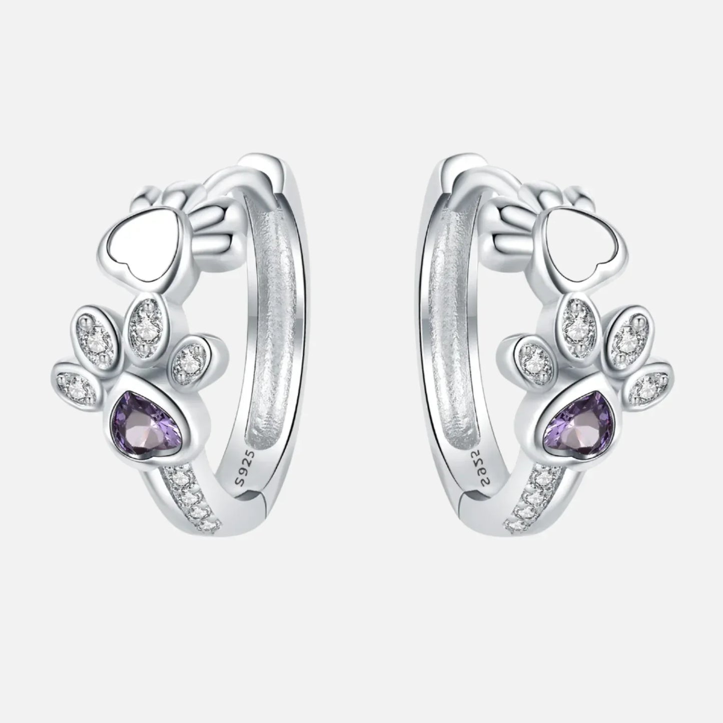 Sterling Silver 925 Paw Huggie Earrings – With Zirconia and Stone Heart