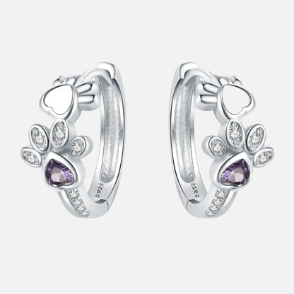 Sterling Silver 925 Paw Huggie Earrings – With Zirconia and Stone Heart