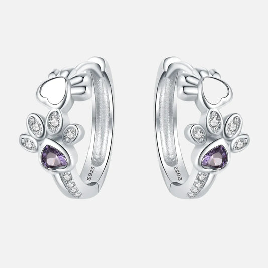 Sterling Silver 925 Paw Huggie Earrings – With Zirconia and Stone Heart