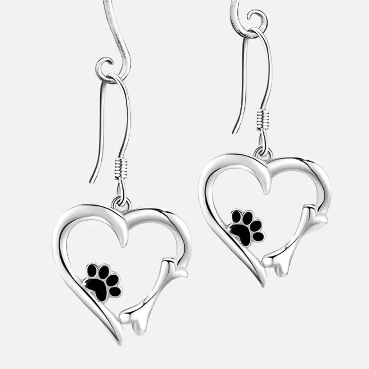 Silver Heart and Paw Tomettes Earrings