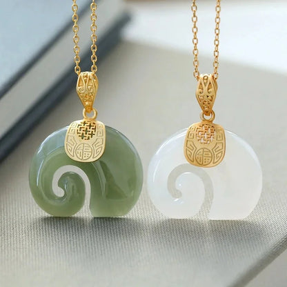 Hetian Jade Elephant Pendant Necklace – 18K Gold-Plated Chain for Women