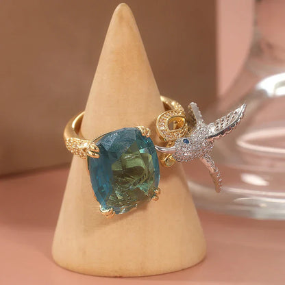 Adjustable Aquamarine-Colored Hummingbird Ring – 14K Gold Plated