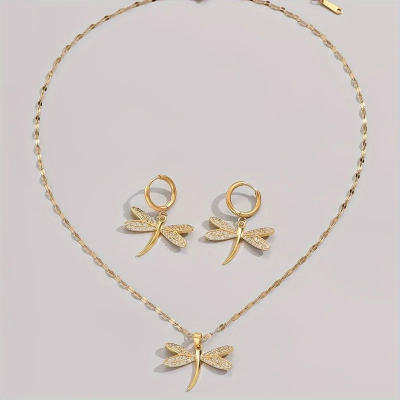 Golden Dragonfly Jewelry Necklace with Free Earrings