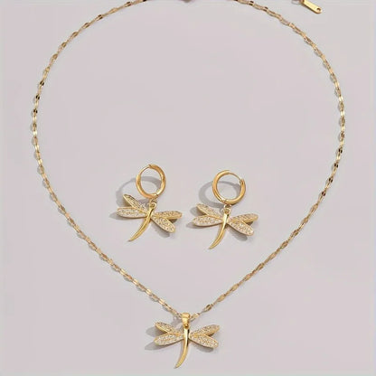 Golden Dragonfly Jewelry Necklace with Free Earrings