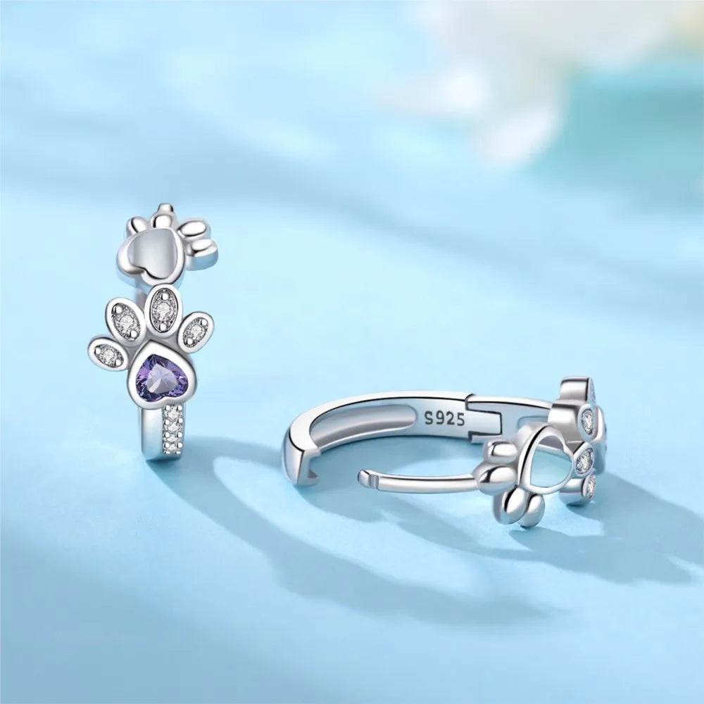 Sterling Silver 925 Paw Huggie Earrings – With Zirconia and Stone Heart