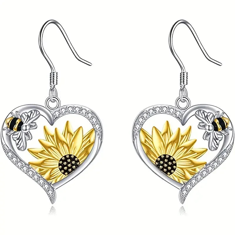 Vintage Heart Sunflower and Bee Tomettes Earrings