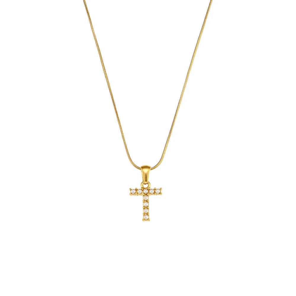 18-carat gold-plated initial necklace with precious pearls and small natural pearls
